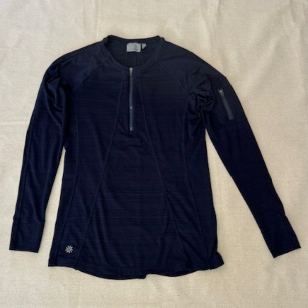 ATHLETA Womens Navy blue Long Sleeve Fitted 1/4 Zip Pull Over Size S EUC 1020